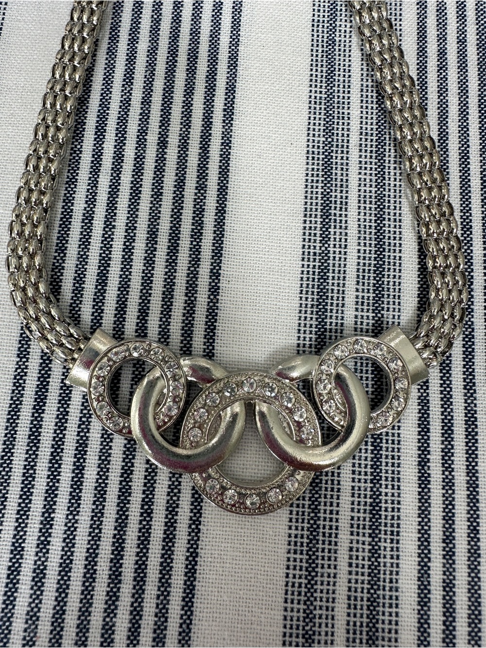 Silver Crystal Interlinked Ring Statement Necklace